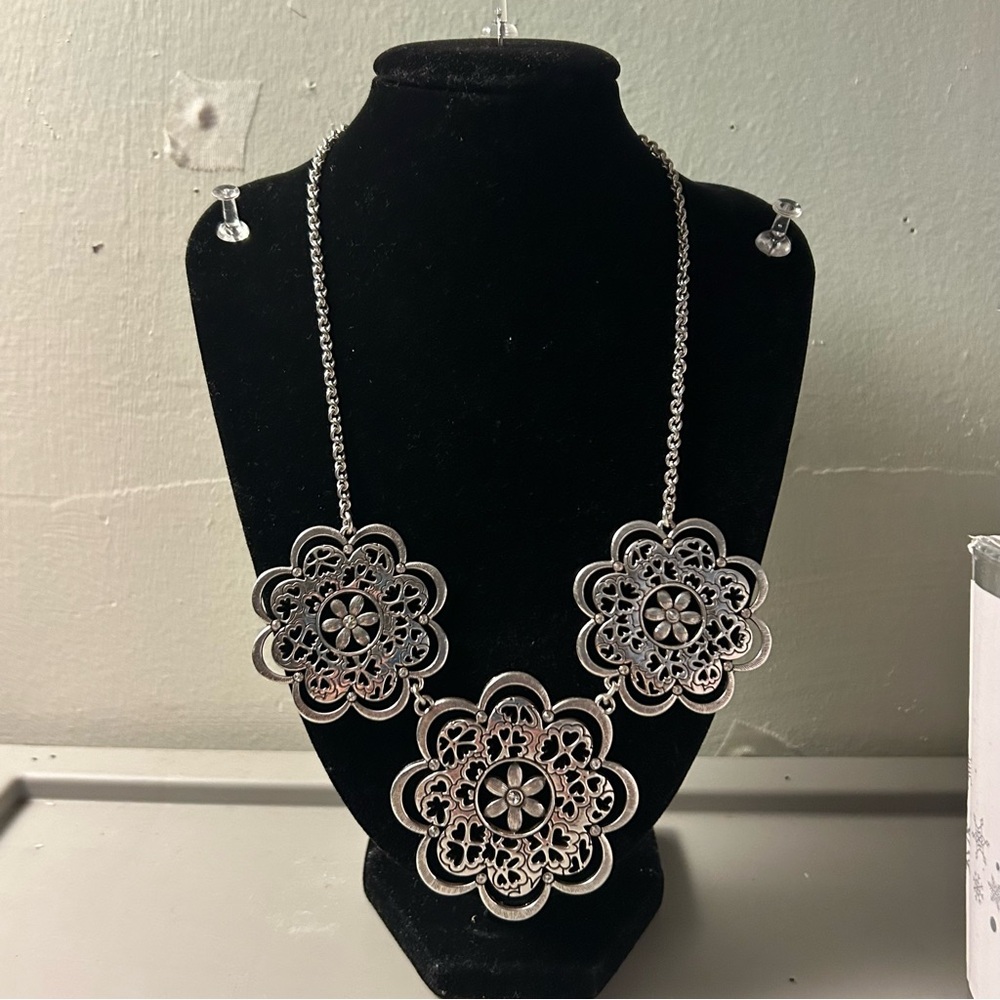 Silver Floral Filigree Triple Pendant Necklace - Women's Statement Jewelry